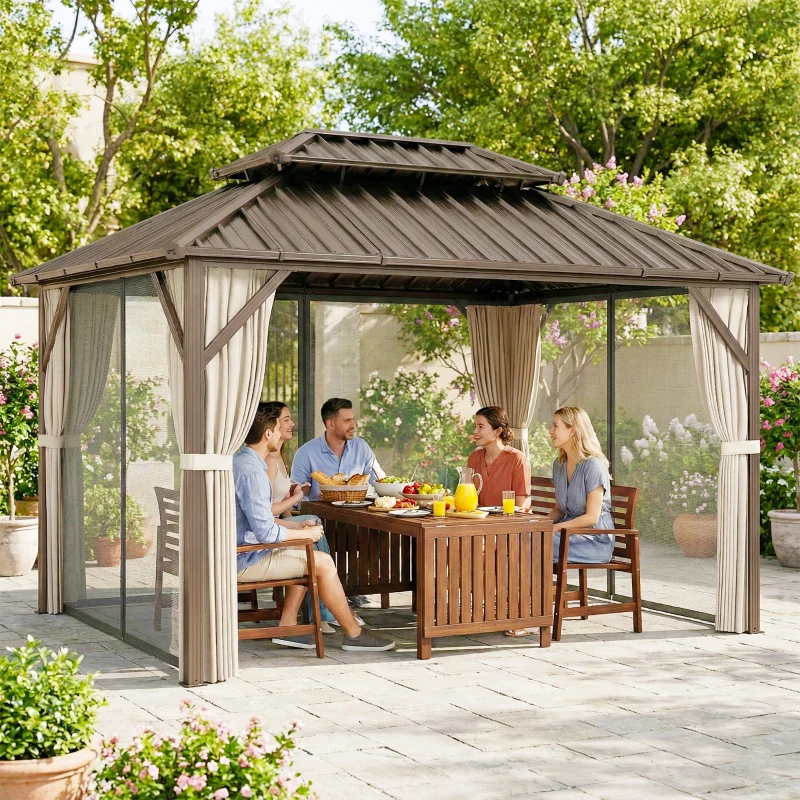 Outsunny 10' x 14' Hardtop Gazebo with Double Galvanized Steel Roof Canopy, Aluminum Frame Permanent Gazebo, Brown