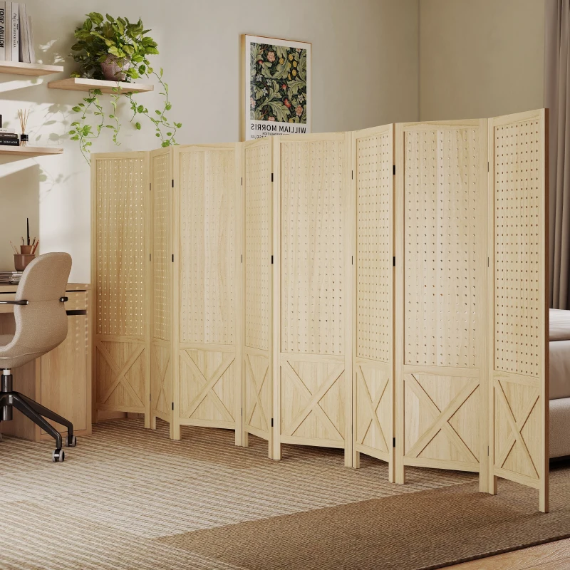 HOMCOM Wooden Room Divider with Pegboard Display, 8 Panel Folding Privacy Screen for Home Office, Natural Wood