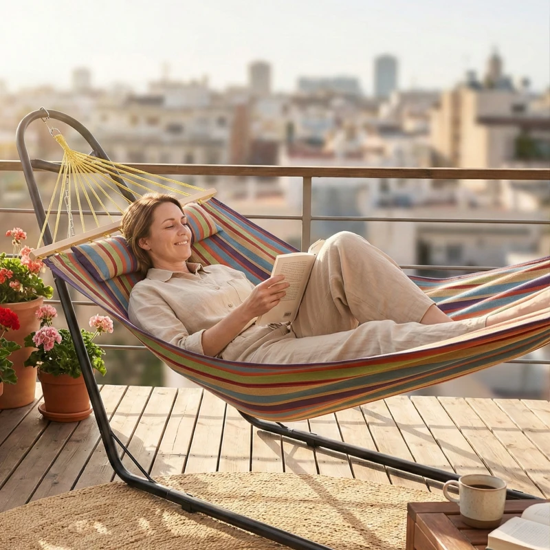 Outsunny Hammock with Stand, Heavy Duty Camping Hammock with Detachable Pillow and Spreader Bar, 264 lbs Capacity, Multicolor