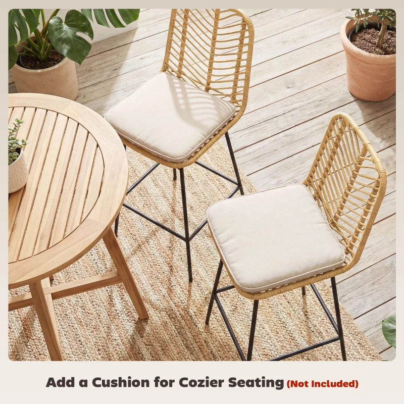 HOMCOM Set of 2 Rattan Barstools Wicker Counter Stools with Steel Legs and Footrest for Dining Room Kitchen Pub Yellow