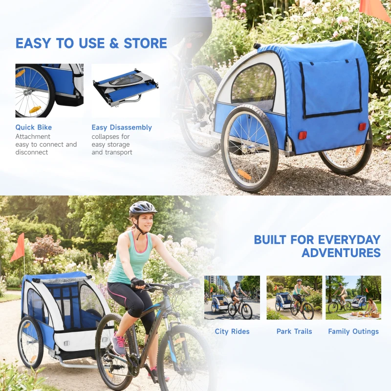 Aosom 2-Seat Child Bike Trailer for Kids with a Strong Steel Frame, 5-Point Safety Harnesses, & Comfortable Seat, Blue