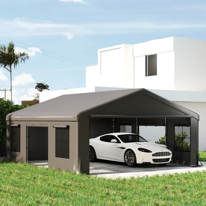 Outsunny 20' x 20' Heavy Duty Carport, Portable Garage Car Canopy Tent Shelter with 3 Roll-up Doors, 4 Windows, Dark Gray