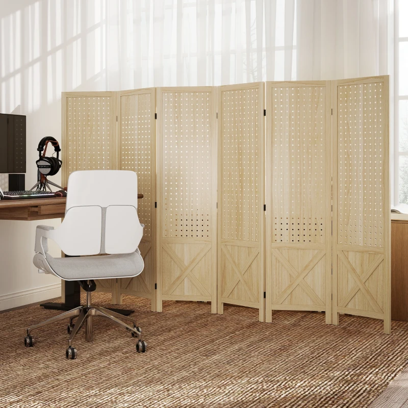 HOMCOM Wooden Room Divider with Pegboard Display, 6 Panel Folding Privacy Screen for Home Office, Natural Wood