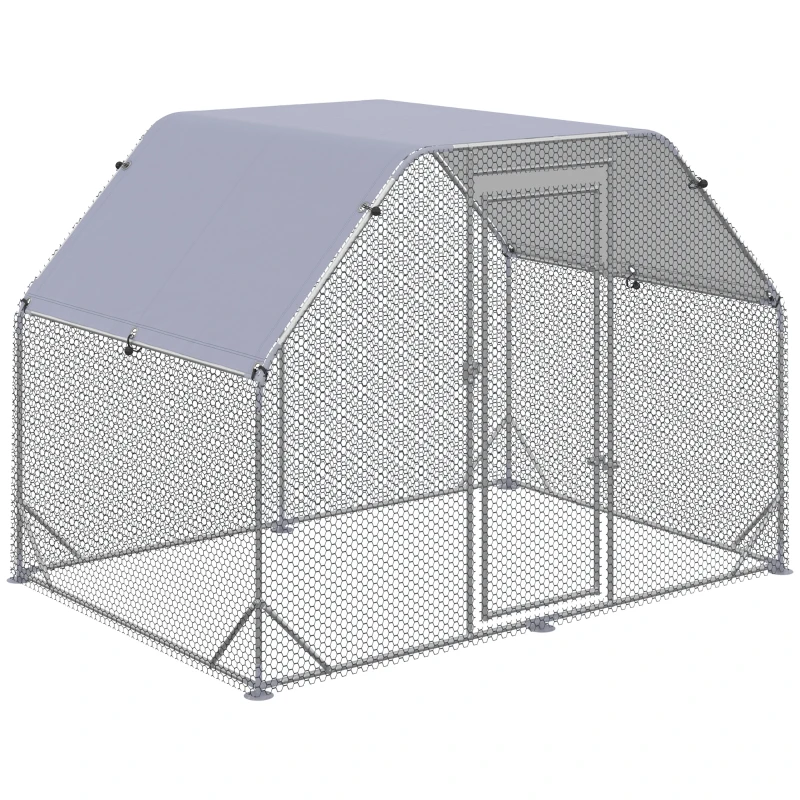 PawHut Chicken Run, Galvanized Large Metal Chicken Coop Cage, Walk-in Enclosure Poultry Hen Run House Playpen Rabbit Hutch with Flat Roof, Cover, 9.2' x 6.2' x 6.5', Silver