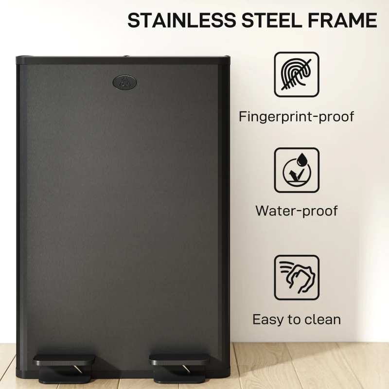 HOMCOM Dual Garbage Bin, Soft-Close Trash Can with Foot Pedal, 2 x 28 Liter Garbage Can with Removable Inner Buckets, Black
