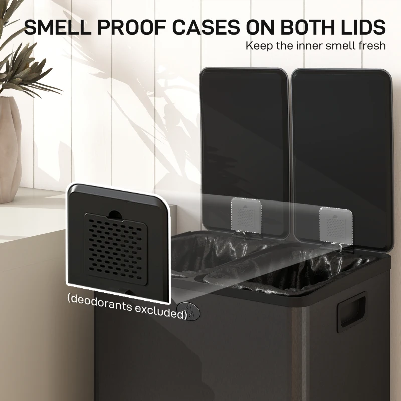 HOMCOM Dual Garbage Bin, Soft-Close Trash Can with Foot Pedal, 2 x 28 Liter Garbage Can with Removable Inner Buckets, Black