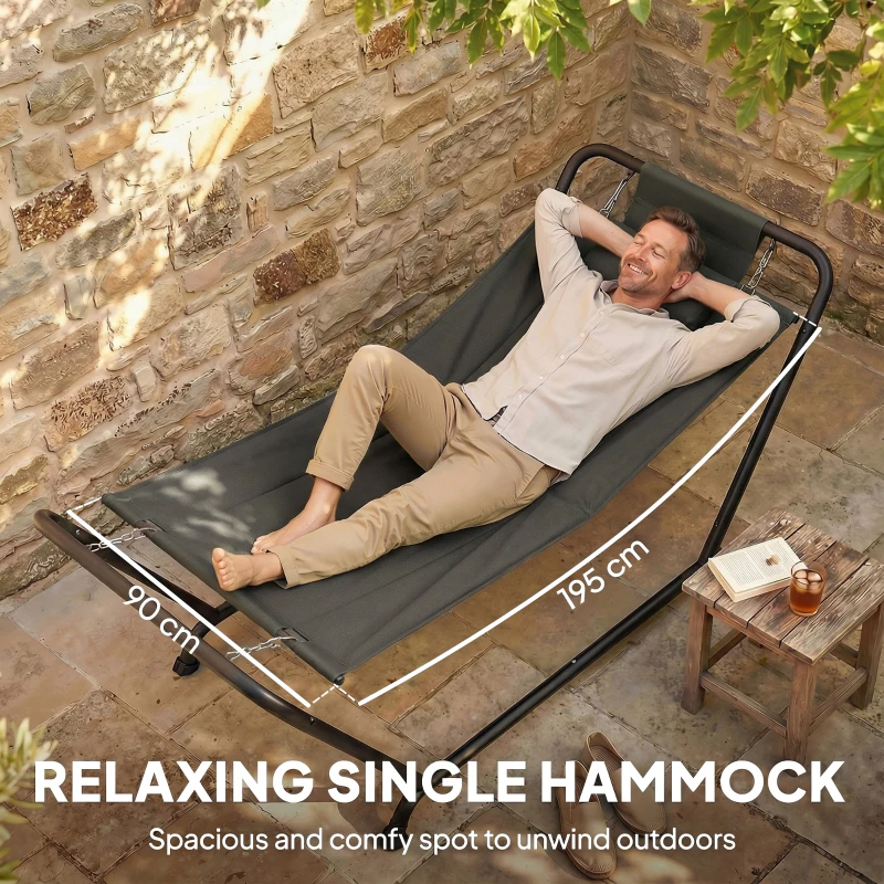 Outsunny Outdoor Hammock with Stand Heavy Duty Freestanding Nap Bed with Side Pocket Headrest for Yard Patio Pool, Dark Grey