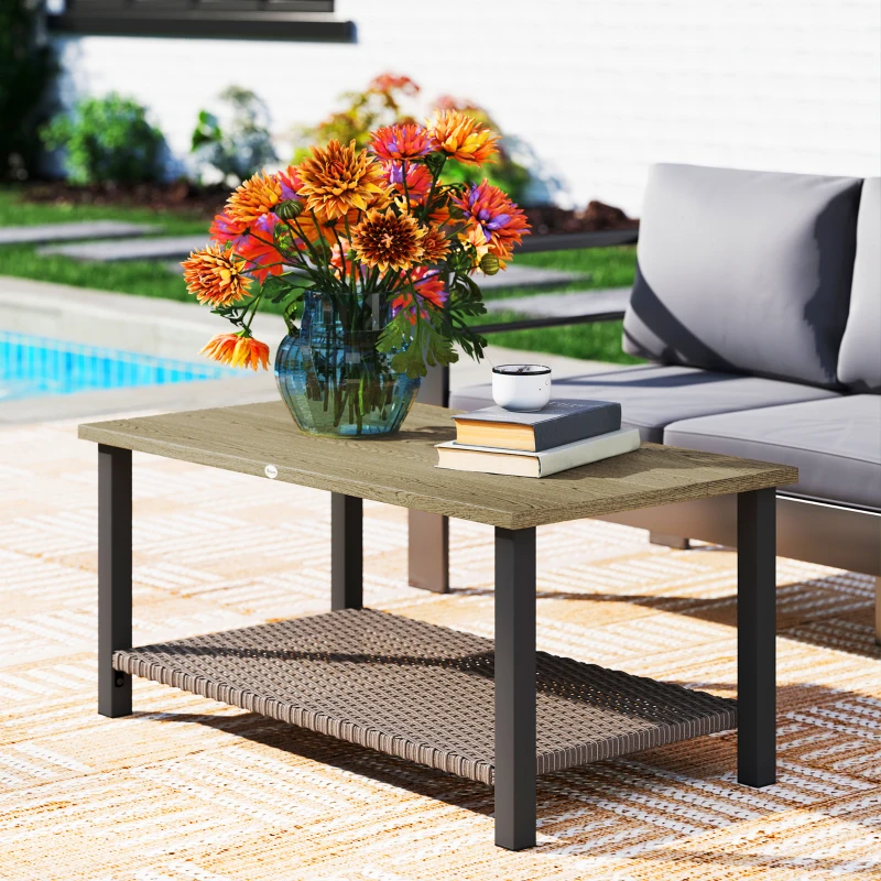 Outsunny 2-Tier Rectangle Outdoor Coffee Table, Patio Table with Wood-Effect Metal Top, Wicker Shelf for Garden, Backyard, Brown