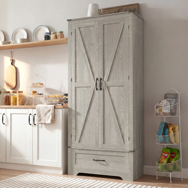 HOMCOM 72" Farmhouse Pantry Cabinet with Adjustable Shelves, Kitchen Pantry Cabinet with 2 Doors, Distressed Light Gray