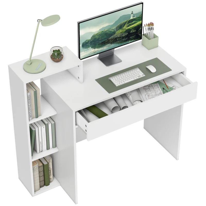 HOMCOM Desk with Storage, Computer Desk with 3 Open Shelves and Drawer White