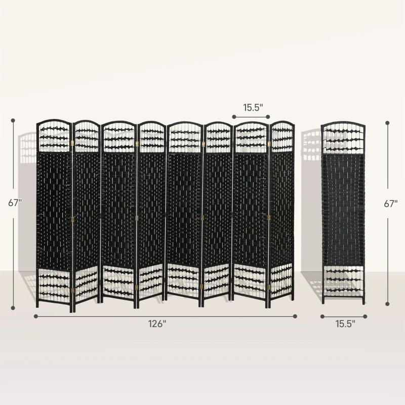 HOMCOM 8 Panel Folding Room Divider Portable Privacy Screen Wave Fiber Room Partition for Home Office Black