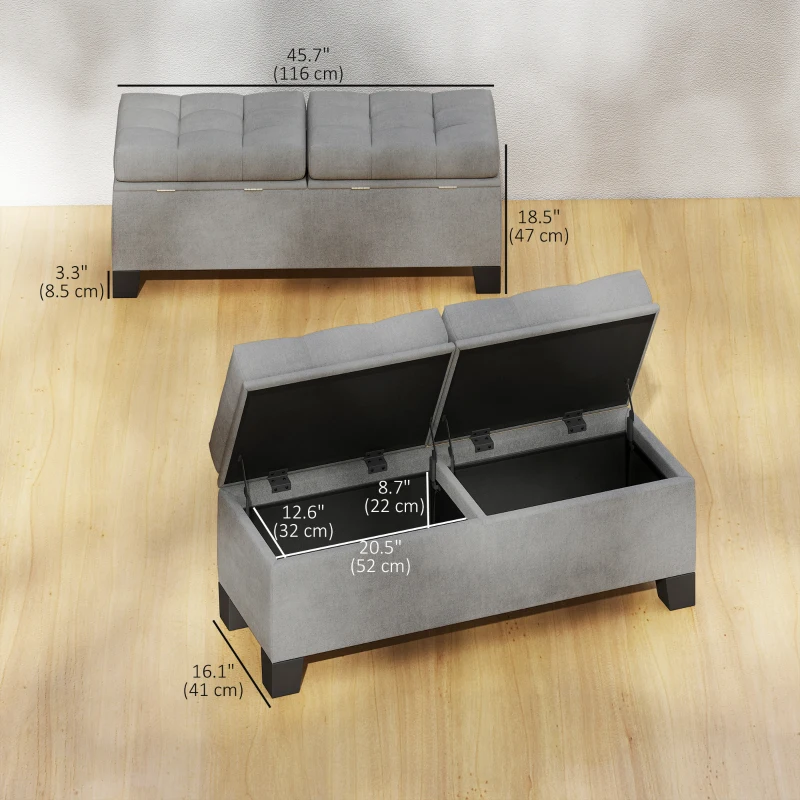 HOMCOM 46" Storage Ottoman Bench, Upholstered End of Bed Bench with Steel Frame, Button Tufted Storage Bench with Safety Hinges for Living Room, Entryway, Bedroom, Gray