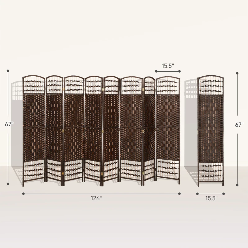 HOMCOM 8 Panel Folding Room Divider Portable Privacy Screen Wave Fiber Room Partition for Home Office Brown