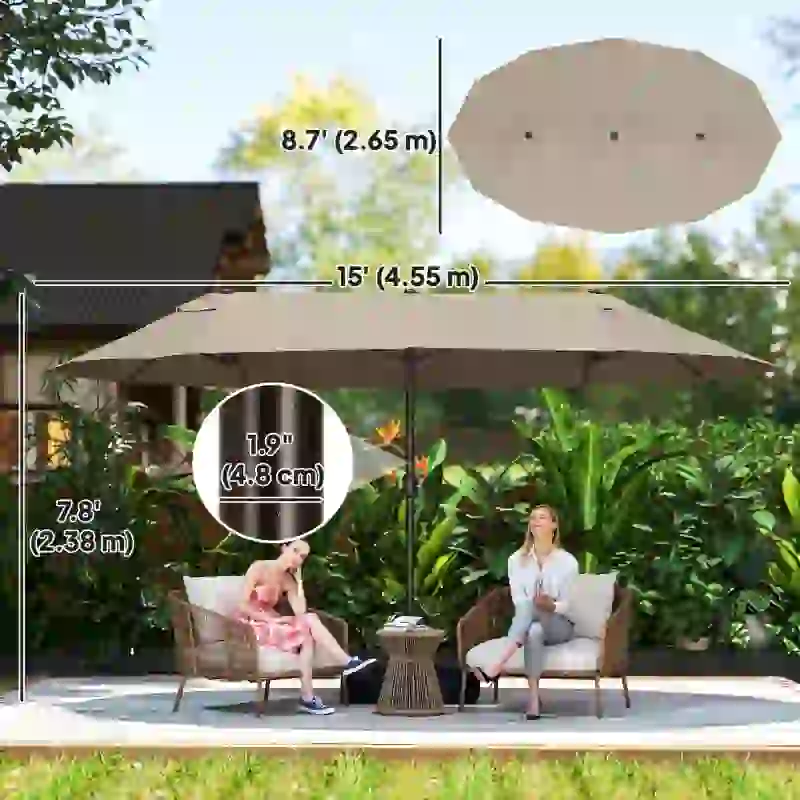 Outsunny 15' Outdoor Patio Umbrella with Twin Canopy Sunshade Steel Table Umbrella w/ Lift Crank, Cross base, Sandbag, Brown