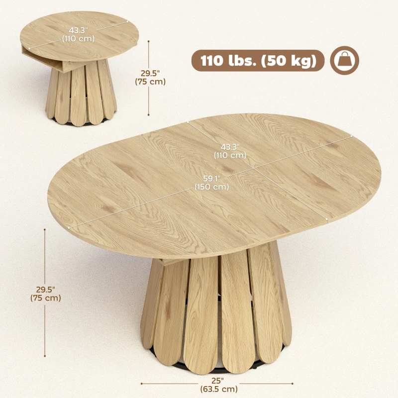 HOMCOM Extendable Dining Table, Round to Oval Convertible Kitchen Table with Storage Shelf for Dining Room, Natural