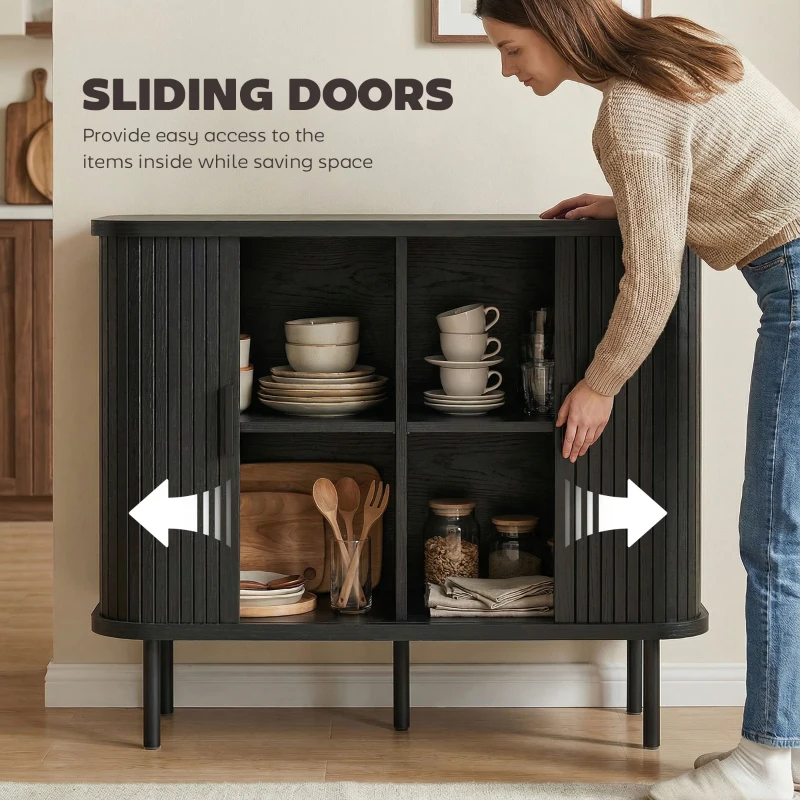 HOMCOM 35.4" Sideboard Buffet Cabinet with Storage, Nordic Coffee Bar Cabinet with Slatted Tambour Doors and Metal Legs, Black