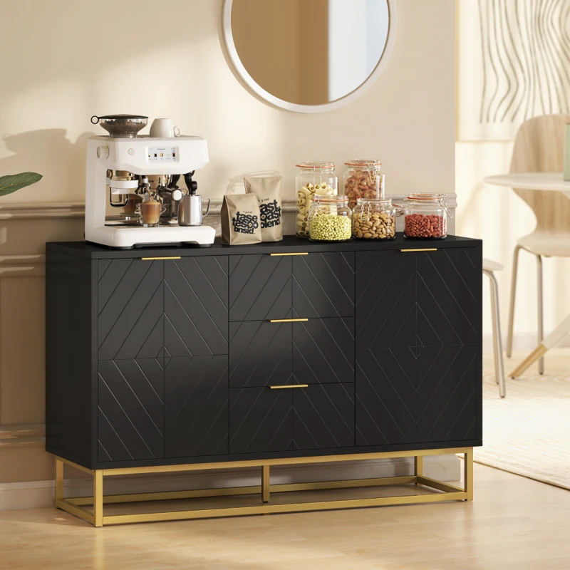 HOMCOM Sideboard Storage Cabinet with 3 Drawers, Adjustable Shelves and Doors, Kitchen Buffet Cabinet for Dining Room, Black