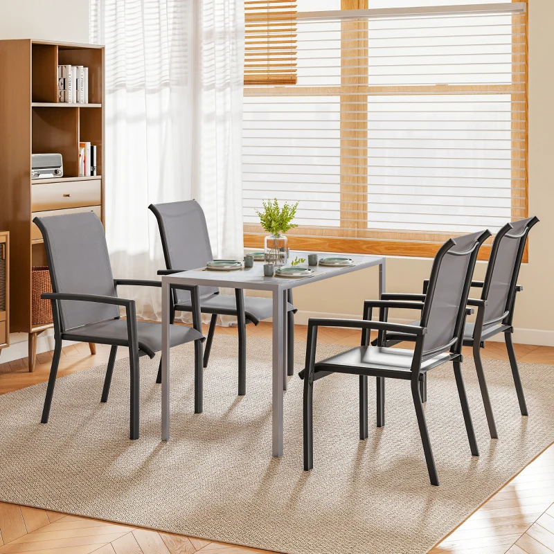 Outsunny Stackable Patio Chairs Set of 4, Outdoor Dining Chairs with All Weather Breathable Mesh and Armrests, Grey