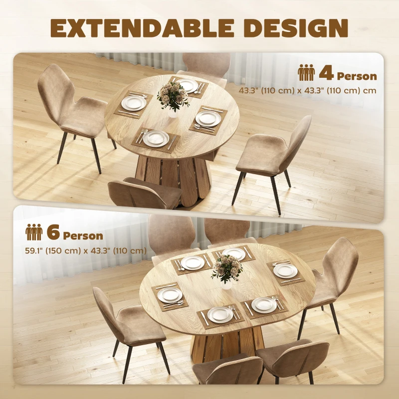 HOMCOM Extendable Dining Table, Round to Oval Convertible Kitchen Table with Storage Shelf for Dining Room, Natural