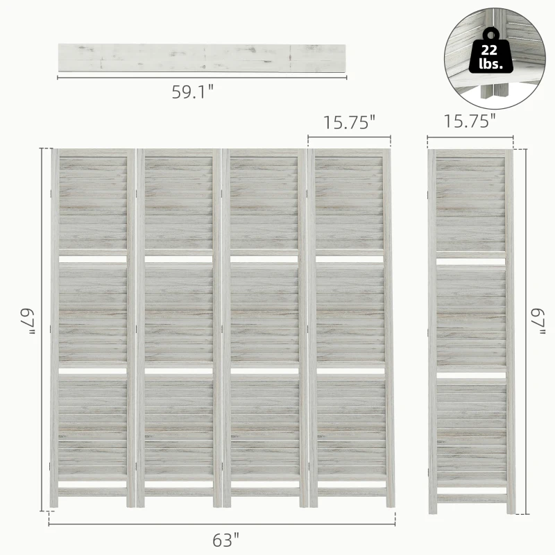 HOMCOM 4 Panel 67" Tall Wood Privacy Screen Room Divider with 3 Shelves and Folding Storage for Bedroom, Distressed White