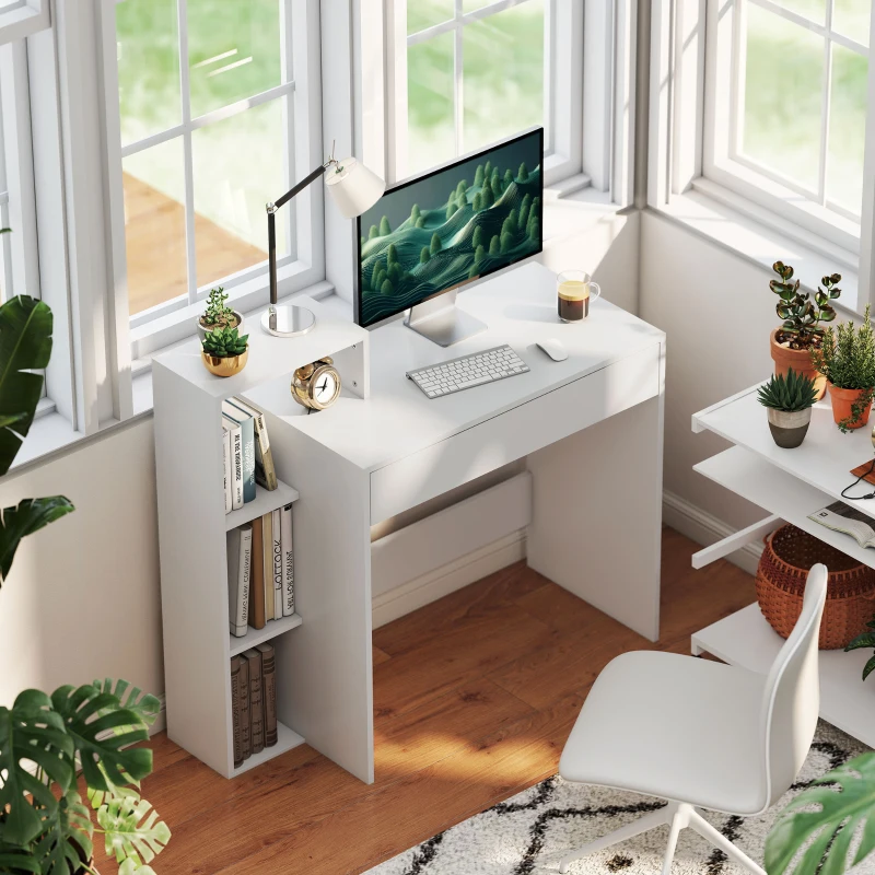 HOMCOM Desk with Storage, Computer Desk with 3 Open Shelves and Drawer White