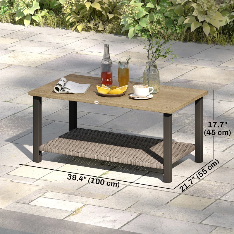 Outsunny 2-Tier Rectangle Outdoor Coffee Table, Patio Table with Wood-Effect Metal Top, Wicker Shelf for Garden, Backyard, Brown