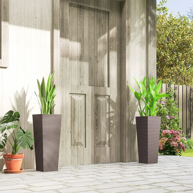 Outsunny 23.6 Inch Tall Planters for Outdoor Plants, Set of 2 Plastic Flower Pots with Drainage Holes, Brown
