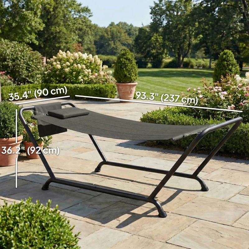Outsunny Outdoor Hammock with Stand Heavy Duty Freestanding Nap Bed with Side Pocket Headrest for Yard Patio Pool, Dark Grey