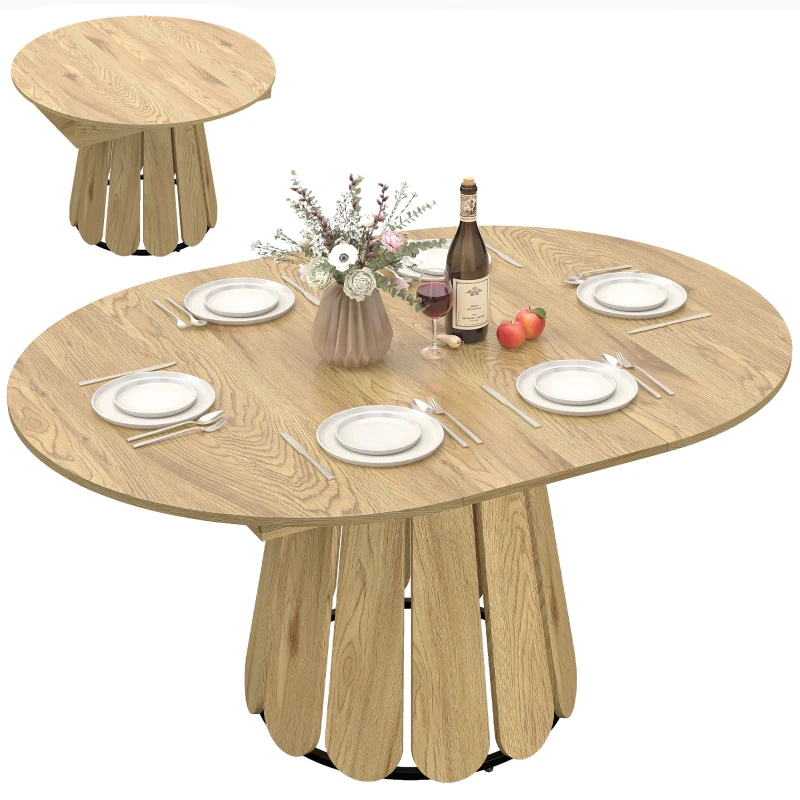 HOMCOM Extendable Dining Table, Round to Oval Convertible Kitchen Table with Storage Shelf for Dining Room, Natural