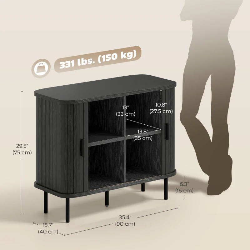 HOMCOM 35.4" Sideboard Buffet Cabinet with Storage, Nordic Coffee Bar Cabinet with Slatted Tambour Doors and Metal Legs, Black
