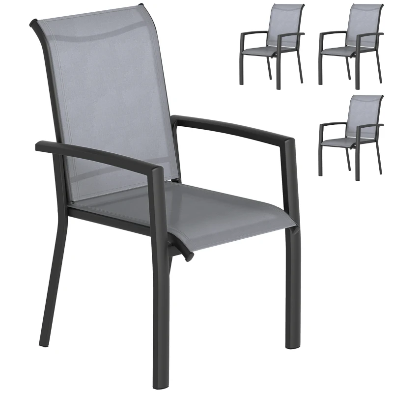 Outsunny Stackable Patio Chairs Set of 4, Outdoor Dining Chairs with All Weather Breathable Mesh and Armrests, Grey