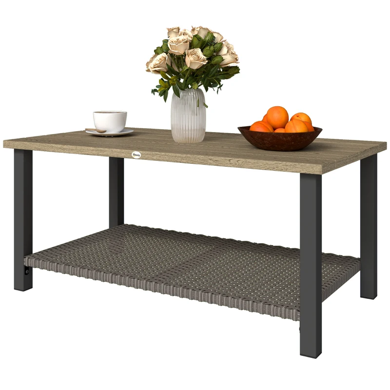 Outsunny 2-Tier Rectangle Outdoor Coffee Table, Patio Table with Wood-Effect Metal Top, Wicker Shelf for Garden, Backyard, Brown