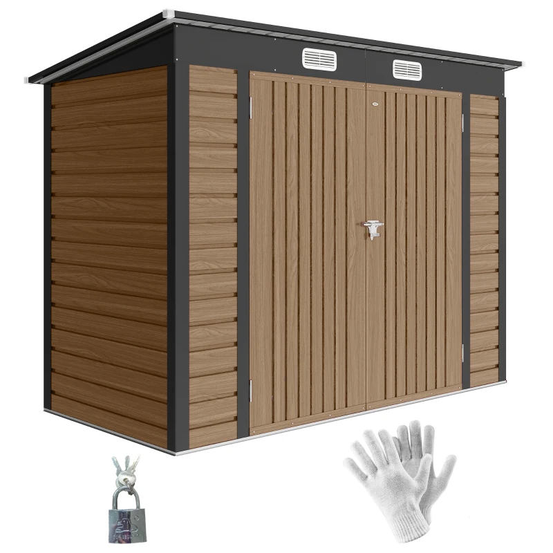 Outsunny 8 x 4FT Galvanized Garden Storage Shed, Metal Outdoor Shed with Double Doors and 2 Vents, Teak
