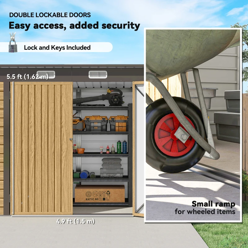 Outsunny 8 x 4FT Galvanized Garden Storage Shed, Metal Outdoor Shed with Double Doors and 2 Vents, Oak