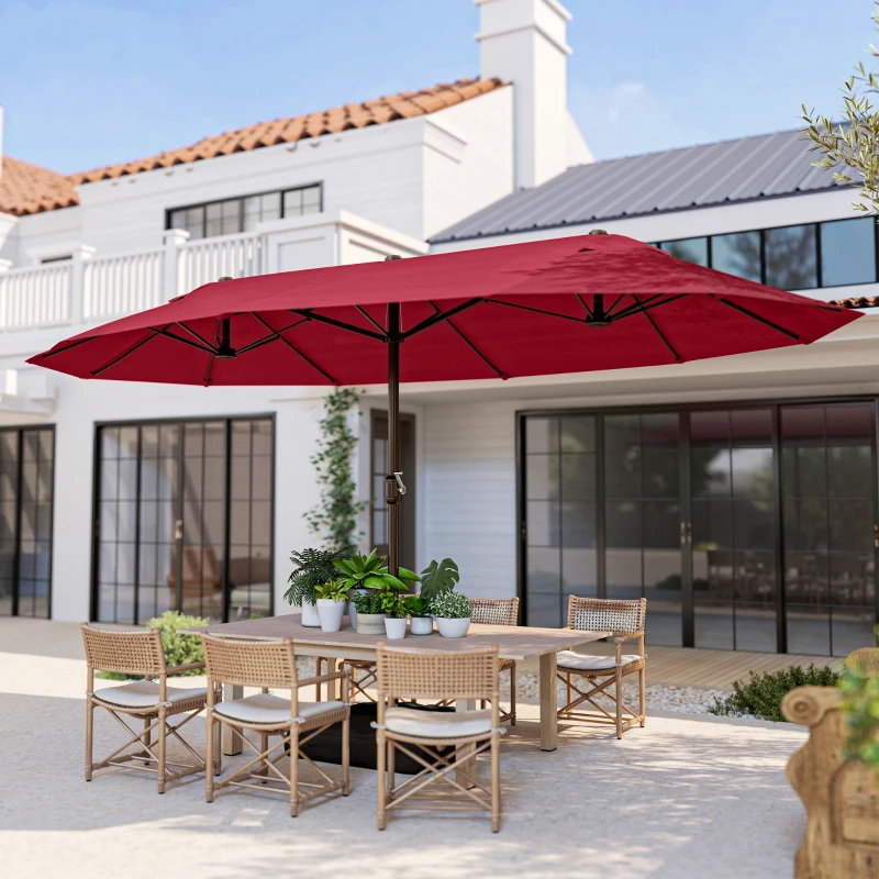 Outsunny 15' Outdoor Patio Umbrella with Twin Canopy Sunshade Steel Table Umbrella with Lift Crank, Cross base, Sandbag, Wine Red
