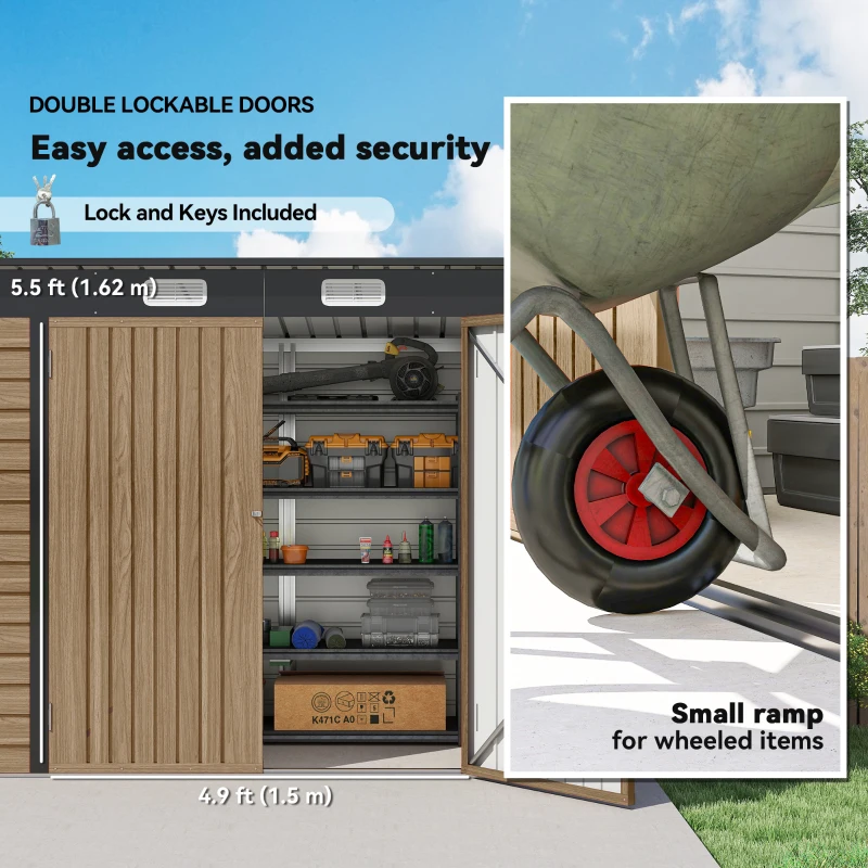 Outsunny 8 x 4FT Galvanized Garden Storage Shed, Metal Outdoor Shed with Double Doors and 2 Vents, Teak