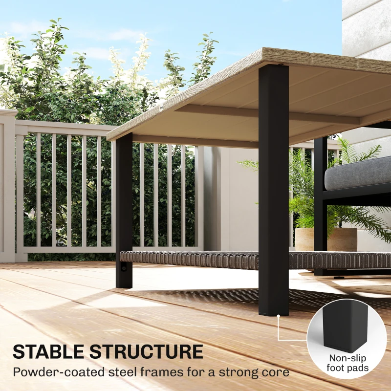 Outsunny 2-Tier Rectangle Outdoor Coffee Table, Patio Table with Wood-Effect Metal Top, Wicker Shelf for Garden, Backyard, Brown