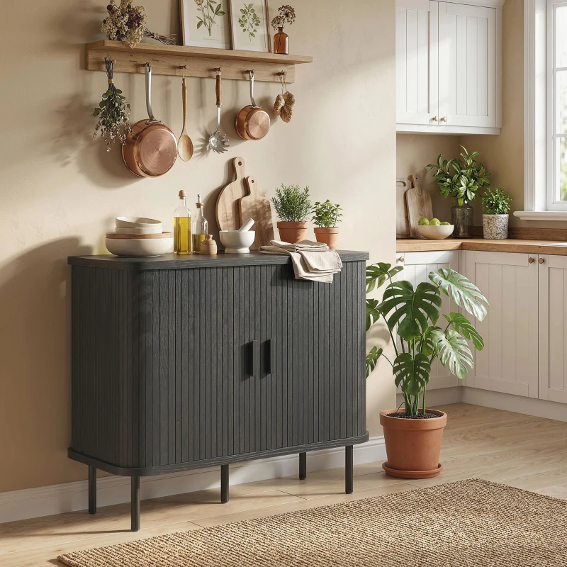 HOMCOM 35.4" Sideboard Buffet Cabinet with Storage, Nordic Coffee Bar Cabinet with Slatted Tambour Doors and Metal Legs, Black