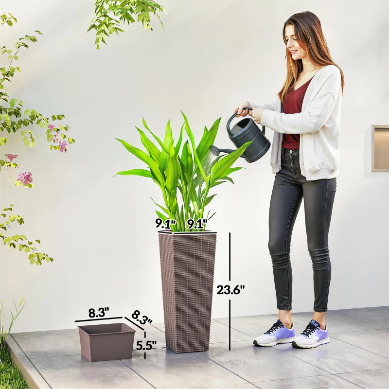 Outsunny 23.6 Inch Tall Planters for Outdoor Plants, Set of 2 Plastic Flower Pots with Drainage Holes, Brown