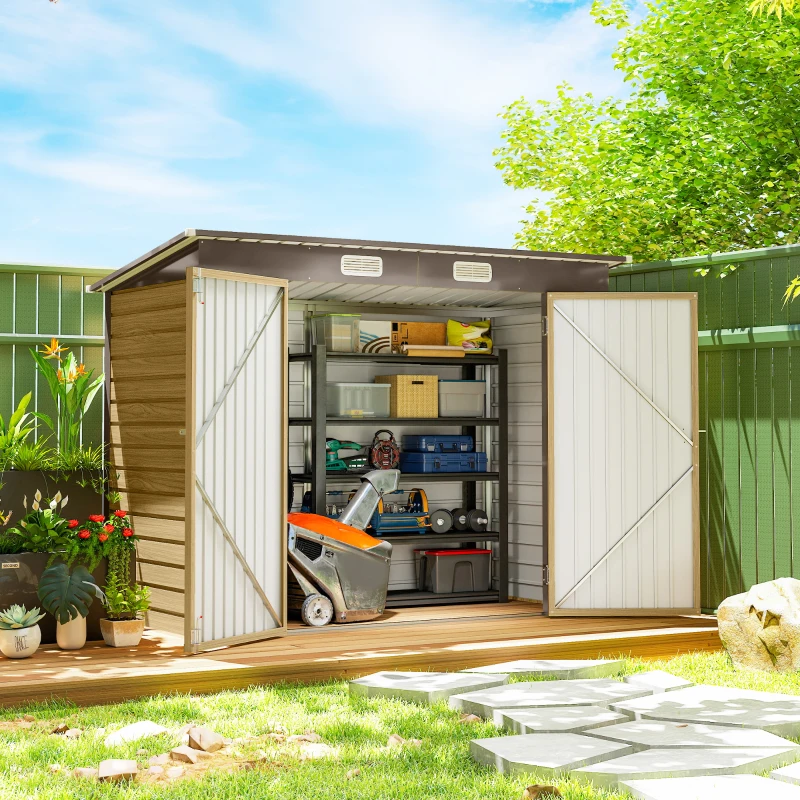 Outsunny 8 x 4FT Galvanized Garden Storage Shed, Metal Outdoor Shed with Double Doors and 2 Vents, Oak