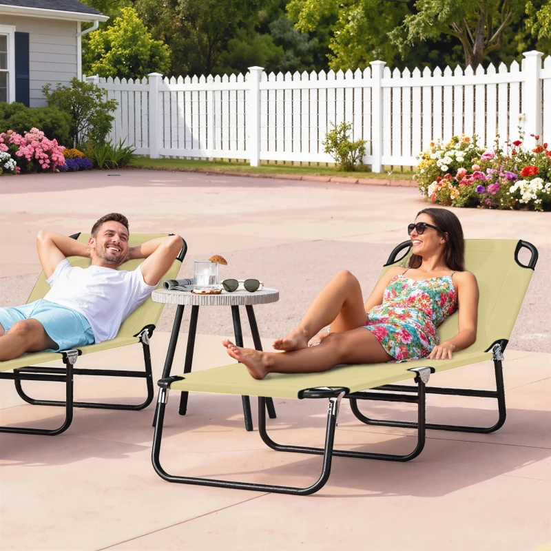 Outsunny Outdoor Folding Lounge Chair, Steel Tanning Chair with Reclining Back, Breathable Mesh for Beach, Yard, Patio, Cream