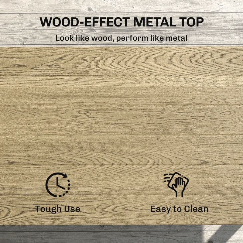 Outsunny 2-Tier Rectangle Outdoor Coffee Table, Patio Table with Wood-Effect Metal Top, Wicker Shelf for Garden, Backyard, Brown