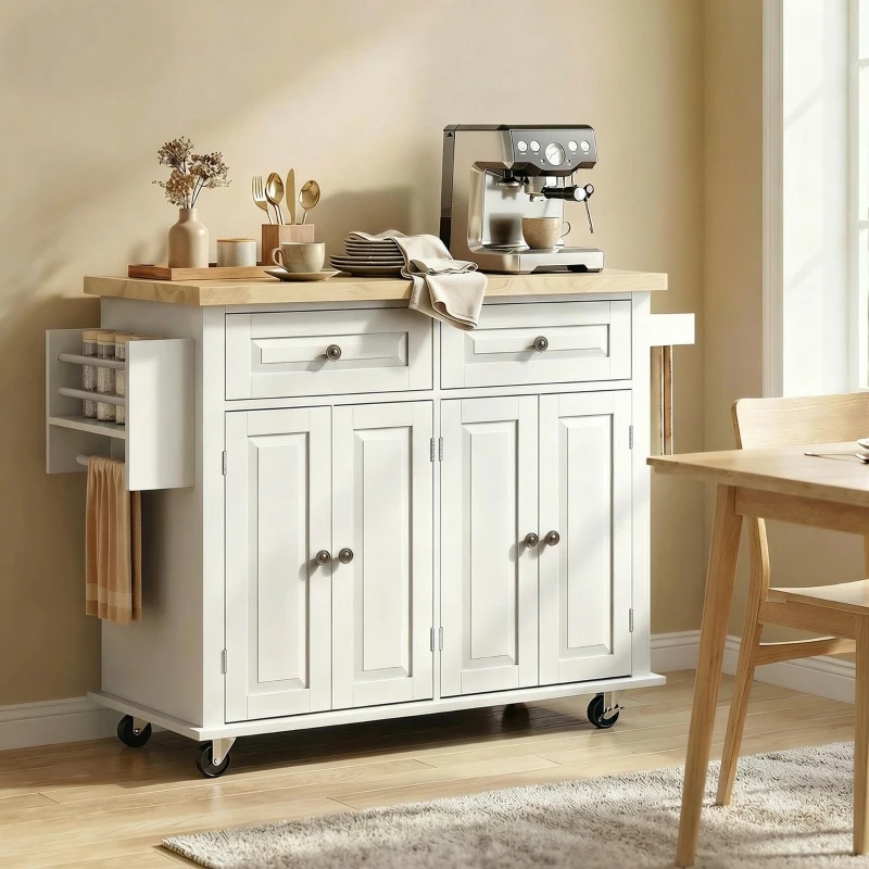 HOMCOM Kitchen Island Cart with Rubber Wood Top, Rolling Kitchen Island Table on Wheels with Drawers, Adjustable Shelves, Spice Rack and Towel Rack for Dining Room, White