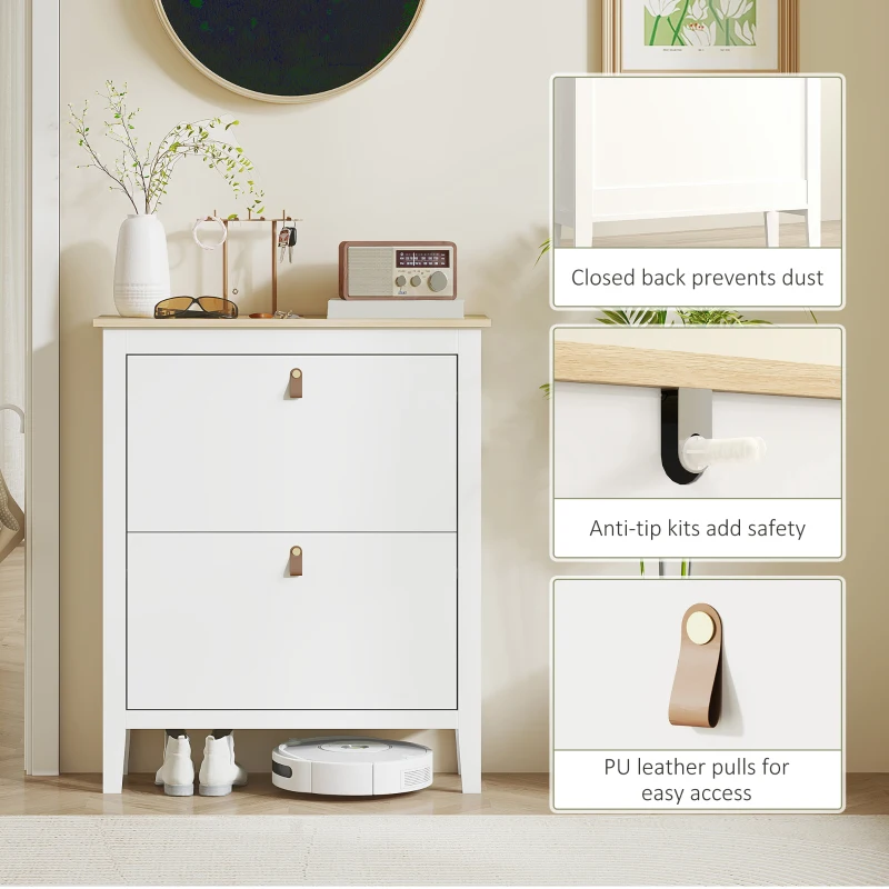HOMCOM Narrow Shoe Cabinet with 2 Flip Drawers, Adjustable Shelves for Entryway, Holds 10-14 Pairs, White