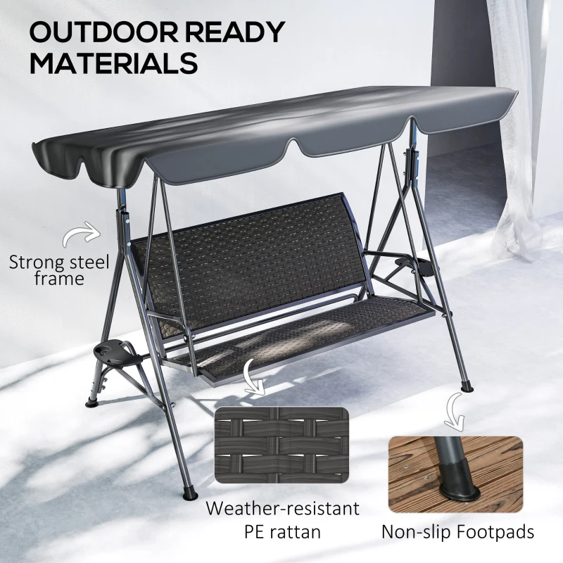 Outsunny 3-Seat Patio Swing Chair, Outdoor Canopy Swing Glider with Adjustable Shade, Grey