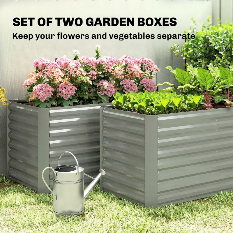 Outsunny Set of 2 Galvanized Metal Planters for Outdoor Plants, 4' x 2' x 2' Raised Garden Bed, Light Grey