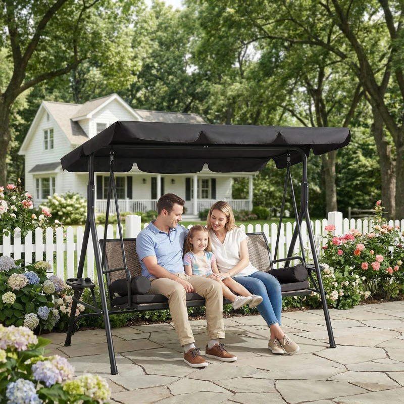 Outsunny Outdoor 3-Seat Porch Swing with Canopy, Rattan Seat, Removable Cushion, Pillows and Steel Frame