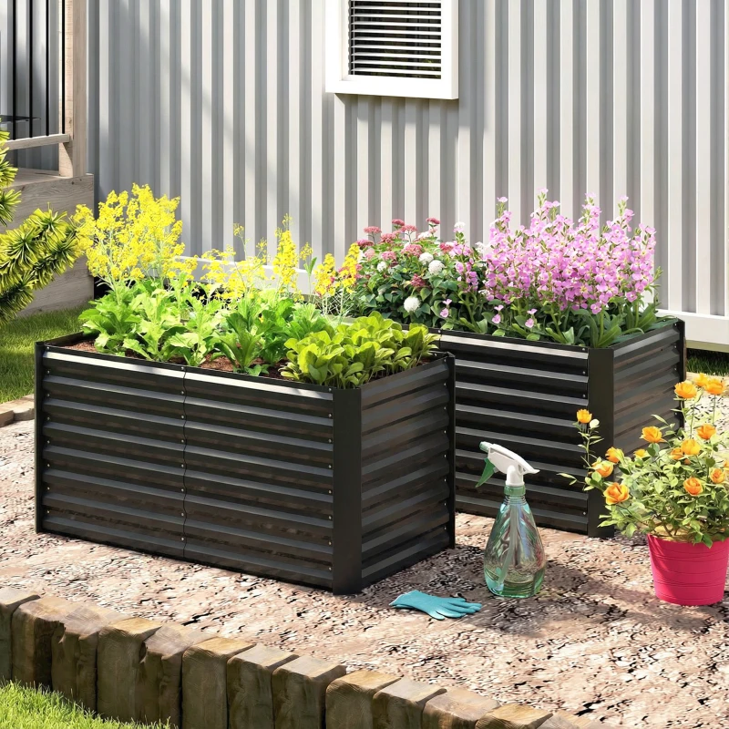Outsunny Set of 2 Galvanized Metal Planters for Outdoor Plants, 4' x 2' x 2' Raised Garden Bed, Black