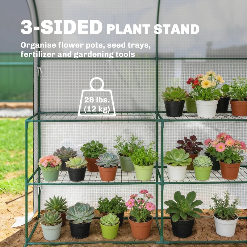 Outsunny Walk-in Mini Greenhouse with Shelves, Portable Outdoor Greenhouse with Roll-up Door, 123 x 187 x 189 cm, White