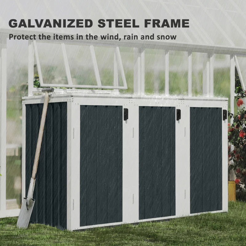 Outsunny Outdoor Storage Shed Rustproof Garbage Bin Shed with Gas Struts Magnetic Doors for 3 Bins White and Grey